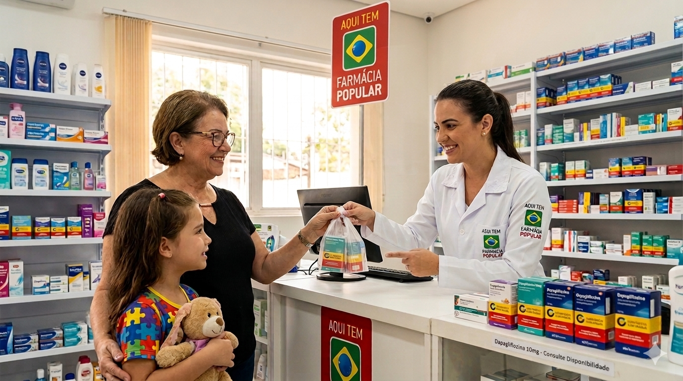 Cliente recebendo medicamentos na farmácia popular em 2026