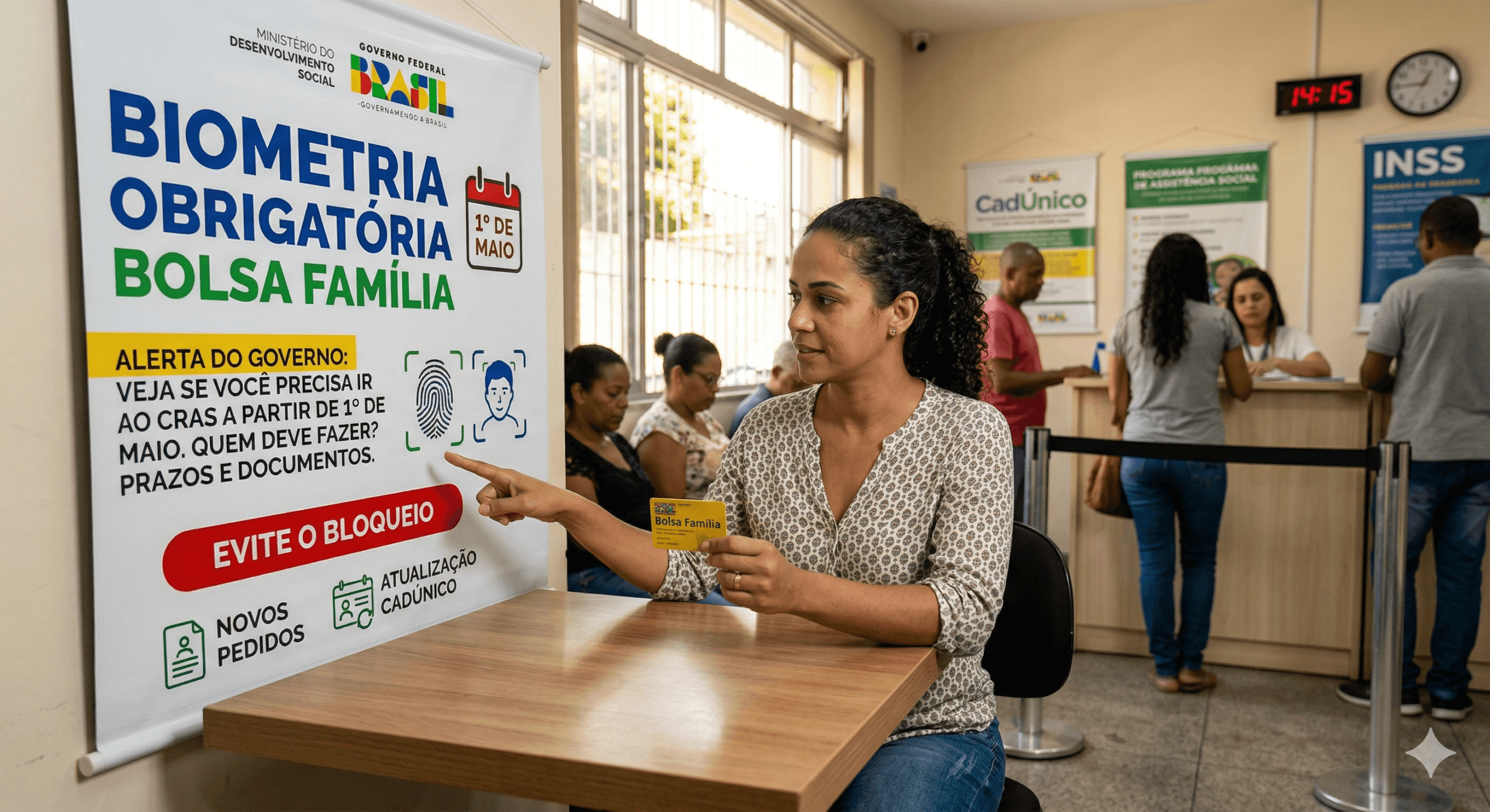Cartaz informativo sobre a biometria obrigatória Bolsa Família sendo lido por uma mulher na fila de um posto de atendimento.