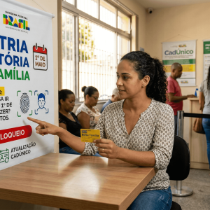Cartaz informativo sobre a biometria obrigatória Bolsa Família sendo lido por uma mulher na fila de um posto de atendimento.